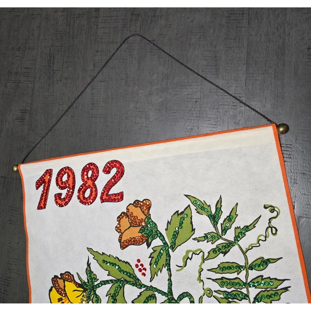 Vintage 1982 Felt‎ Wall Calendar with Sequins, Mushrooms & Floral Design